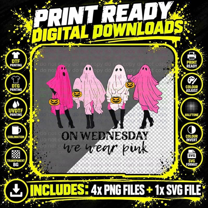 On Wednesday We Wear Pink Ghost Halloween Breast Cancer Png SVG Digital Bundle