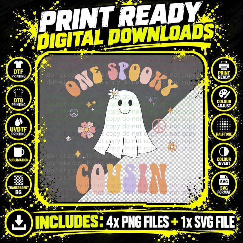 One Spooky Cousin First Birthday Retro Halloween Ghost Png SVG Digital Bundle