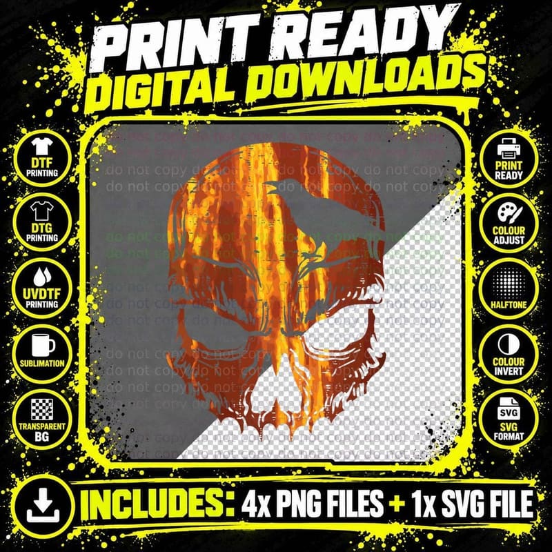Orange Skull Crow Skeleton Horror Scary Halloween Png SVG Digital Bundle
