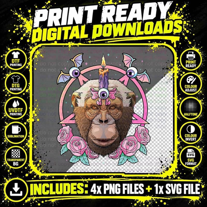 Pastel Goth Chimpanzee Pagan Creepy Menhera Chimpanzee Png SVG Digital Bundle