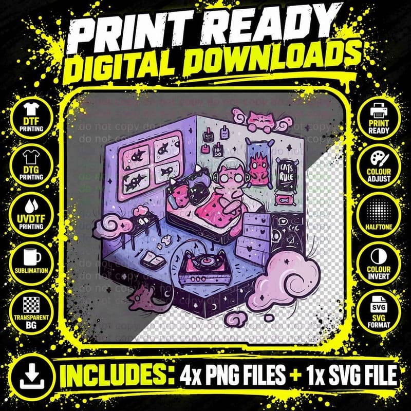 Pastel Goth Clothing Creepy Cats in Their Gaming Room Png SVG Digital Bundle