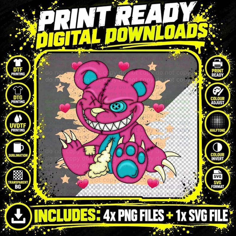 Pastel Goth Creepy Animal Teddy Bear T-Shirt Png SVG Digital Bundle