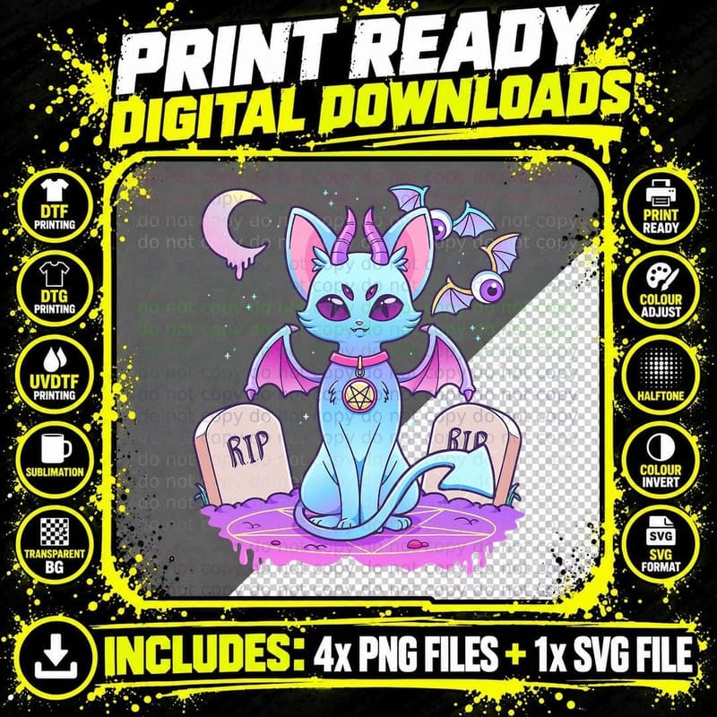 Pastel Goth Creepy Pentagram Cat Kawaii Emo Kitten Nu Png SVG Digital Bundle