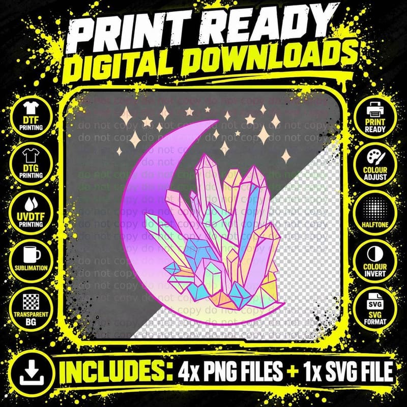 Pastel Goth Crystal Cluster Glowing Moon Kawaii Witch Png SVG Digital Bundle