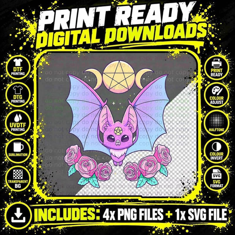 Pastel Goth Cute Creepy Bat Crescent Moon Kawaii Emo Nu Png SVG Digital Bundle