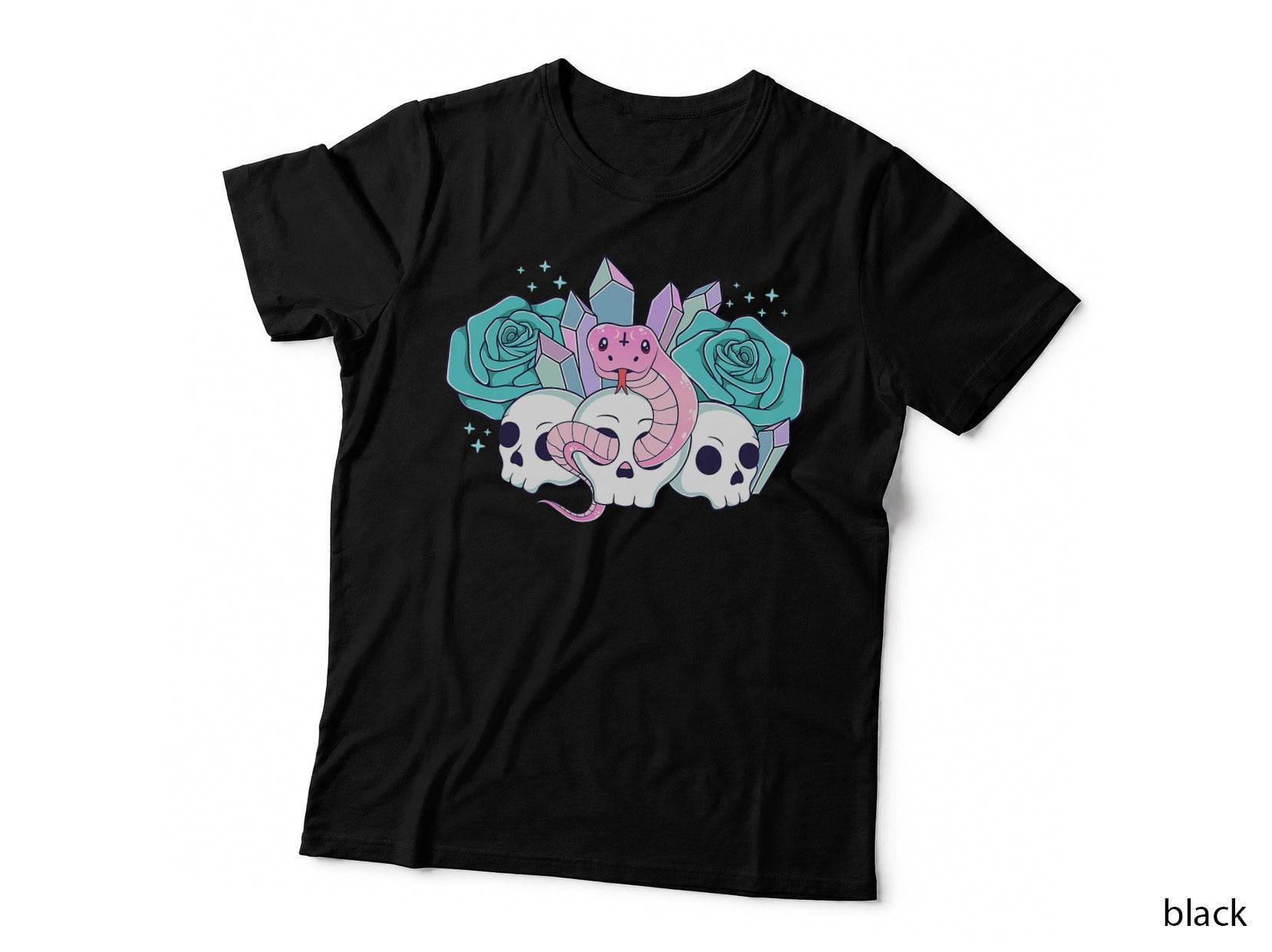 Pastel Goth Cute Creepy Snake Kawaii Skull Roses Flowers T-Shirt
