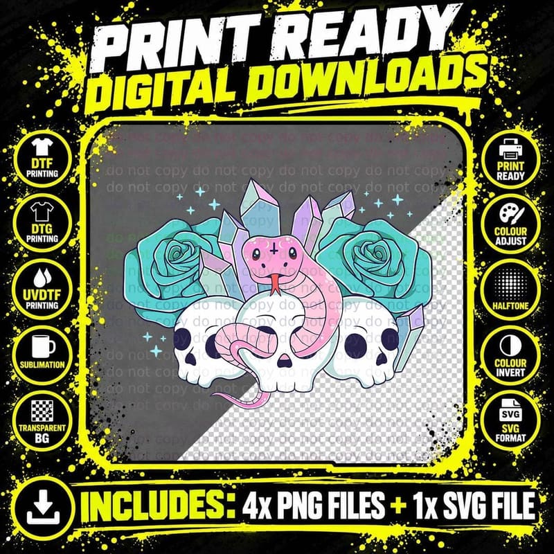 Pastel Goth Cute Creepy Snake Kawaii Skull Roses Flowers Png SVG Digital Bundle