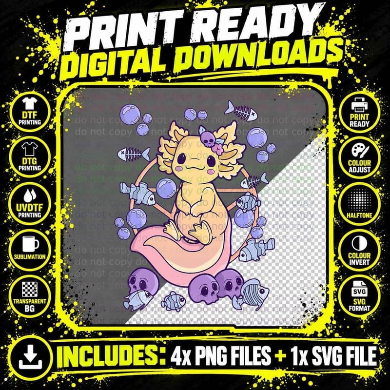 Pastel Goth Halloween Horror Chibi Axolotl Creepy Kawaii Png SVG Digital Bundle