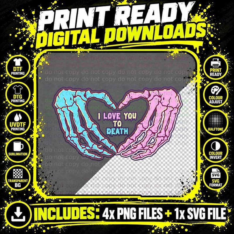 Pastel Goth I Love You to Death Valentine's Day Skeleton Png SVG Digital Bundle
