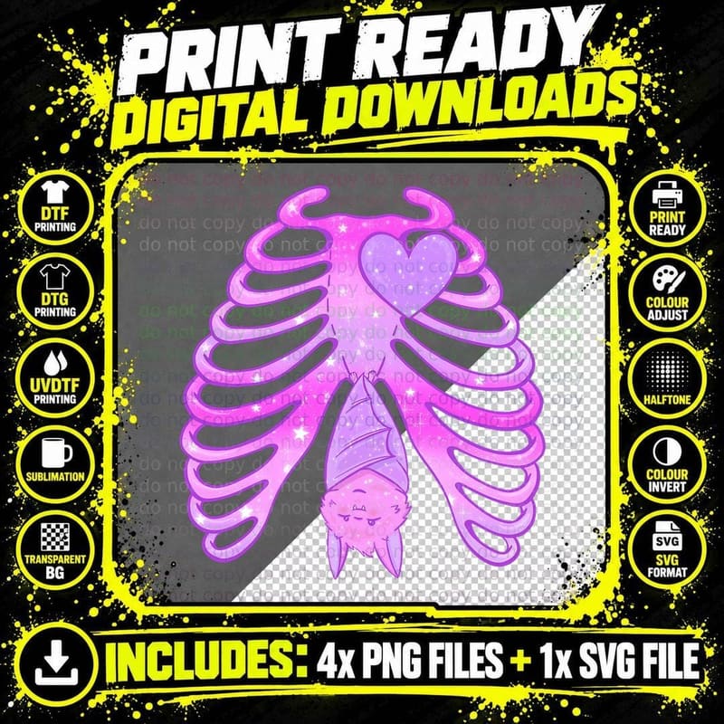 Pastel Goth Kawaii Bat Skeleton Ribcage Witchy Aesthetic Png SVG Digital Bundle