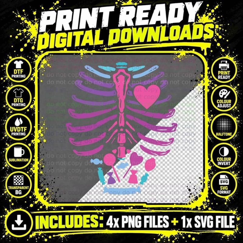 Pastel Goth Kawaii Human Skeleton Ribcage Gothic Men Png SVG Digital Bundle