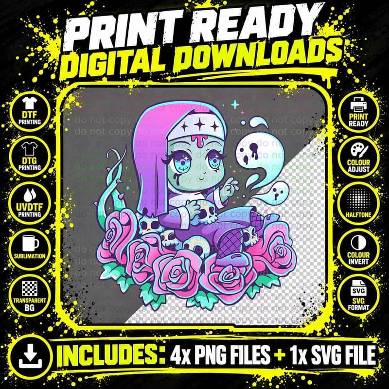 Pastel Goth Nun Cute Creepy Gothic Kawaii Unholy Occult Png SVG Digital Bundle