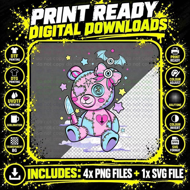 Pastel Goth Scary Cute Teddy Bear Wicca Witch Kawaii Png SVG Digital Bundle