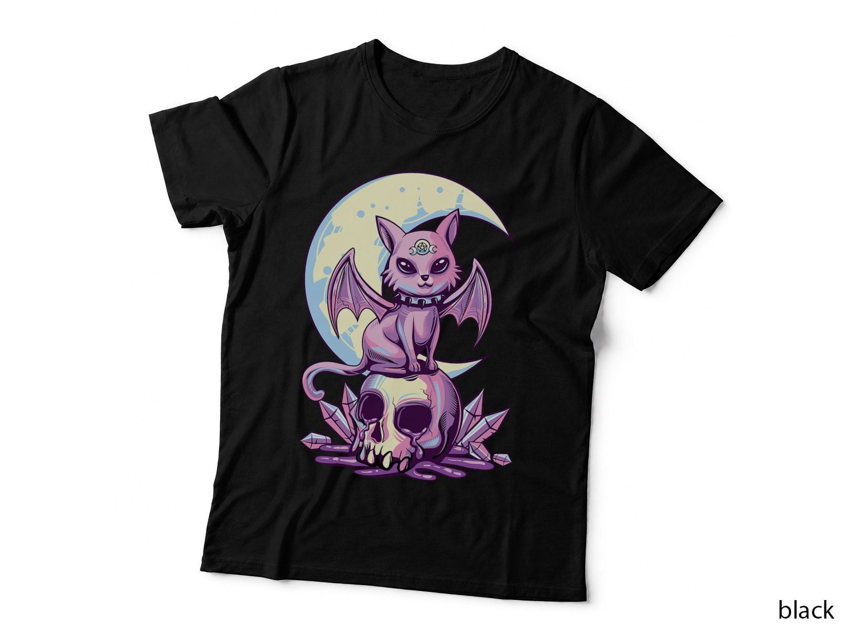 Pastel Goth Wiccan Cat Cute Creepy Witchy Cat and Skull T-Shirt