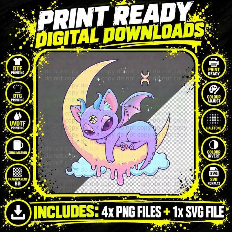 Pastel Goth Witchy Cat Cute Creepy Wiccan Cat Demon Png SVG Digital Bundle