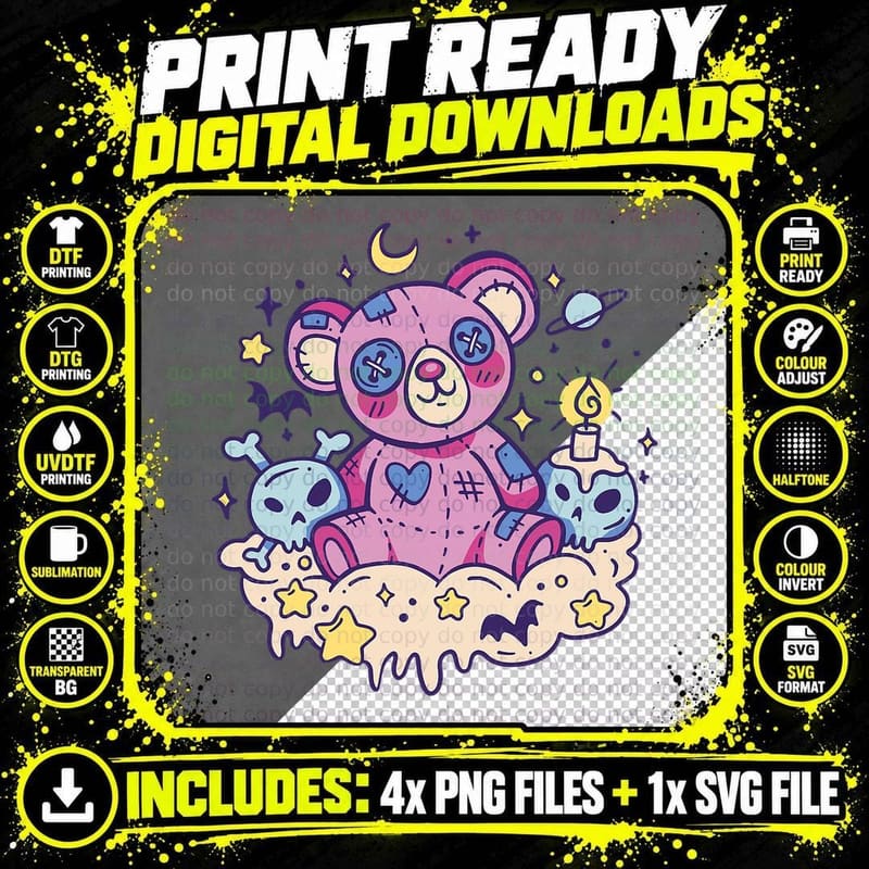 Pastel Nu Goth Kawaii Teddy Bear Creepy Occult Menhera Png SVG Digital Bundle