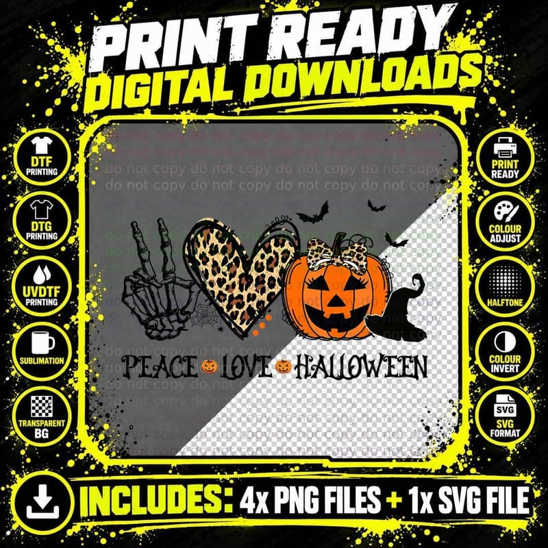 Peace Love Halloween Happy Halloween Pumpkin Leopard Png SVG Digital Bundle