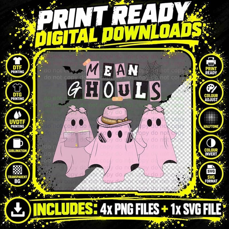 Pink Ghost Reading Book Mean Ghouls Happy Halloween Png SVG Digital Bundle