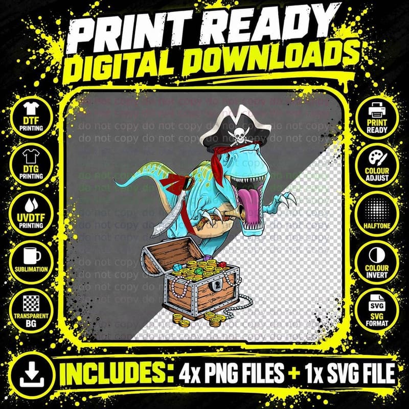 Pirate Dino Dinosaur Trex Funny Awesome Halloween Png SVG Digital Bundle
