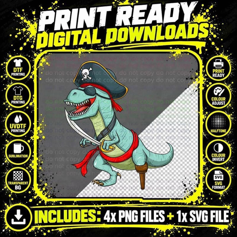 Pirate Dinosaur T Rex Funny Tyrannosaurus Halloween Png SVG Digital Bundle