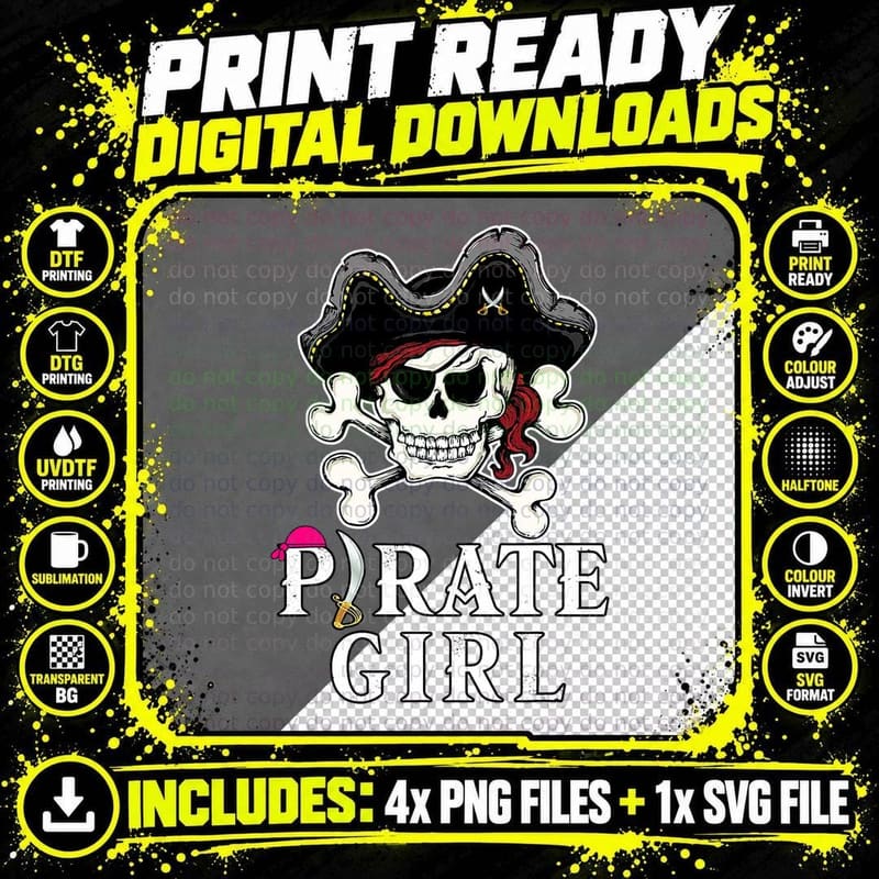 Pirate Girl Jolly Roger Funny Crossbones Birthday Png SVG Digital Bundle