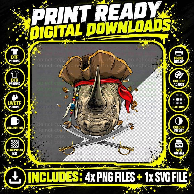 Pirate Rhinoceros Jolly Roger Chubby Unicorn Halloween Png SVG Digital Bundle