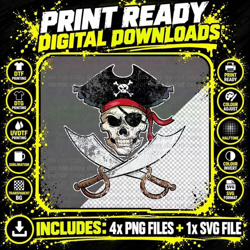 Pirate Skeleton Shirt Swords and Skull Distressed T-Shirt Png SVG Digital Bundle
