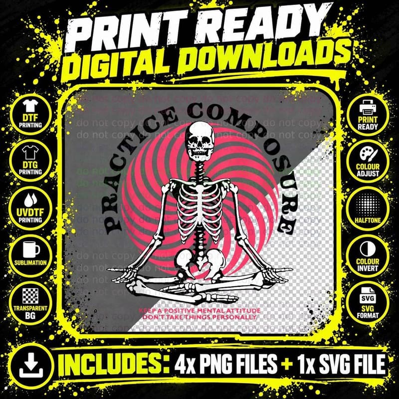 Practice Composure Human Skeleton Yoga Meditation Png SVG Digital Bundle