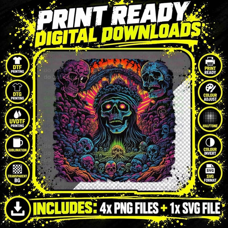 Psychedelic, Trippy, Black Light Macabre Creepy Skull Png SVG Digital Bundle
