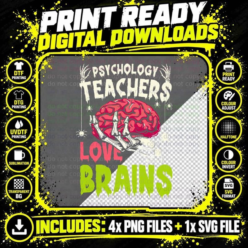 Psychology Teachers Love Brains Skeleton Halloween Funny Png SVG Digital Bundle