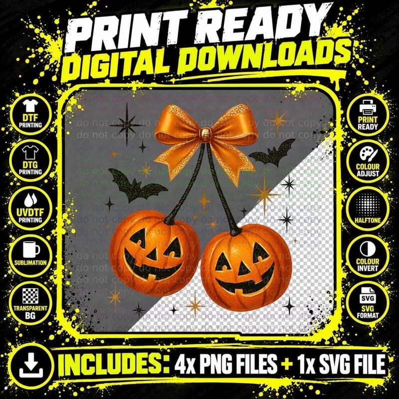 Pumpkin Cherries Halloween Goth, Retro Vintage, Cozy Png SVG Digital Bundle