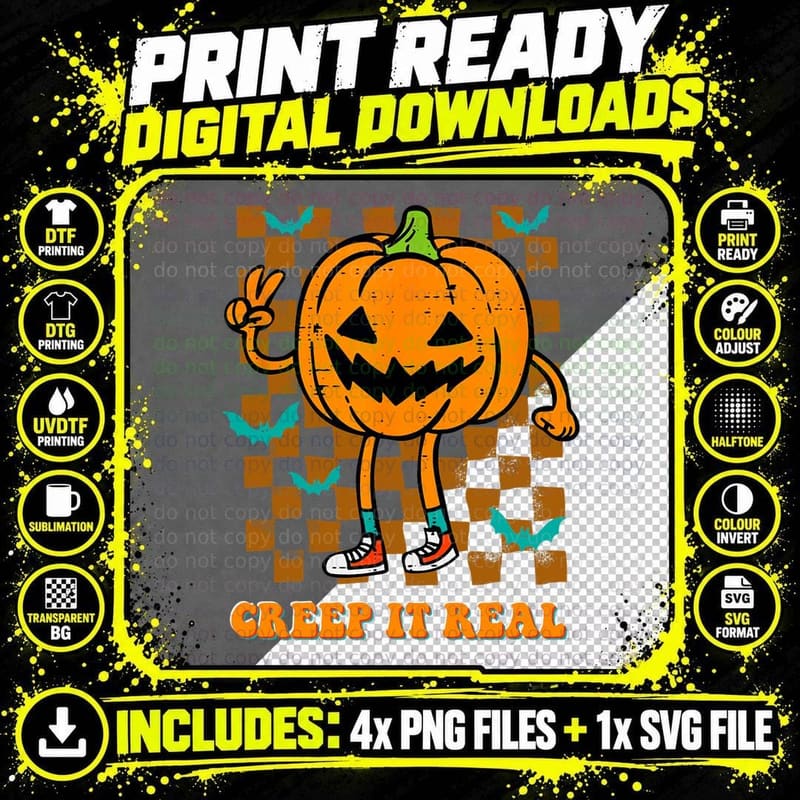 Pumpkin Creep It Real Retro Jackolantern Halloween Png SVG Digital Bundle
