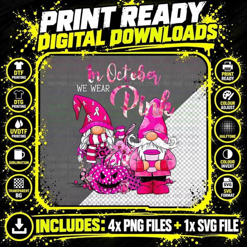 Pumpkin Gnomes Halloween Ribbon in October We Wear Pink Png SVG Digital Bundle