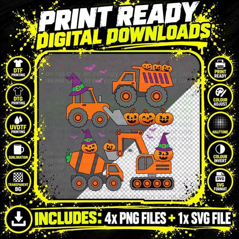 Pumpkin Halloween Construction Vehicle Excavator Truck Png SVG Digital Bundle