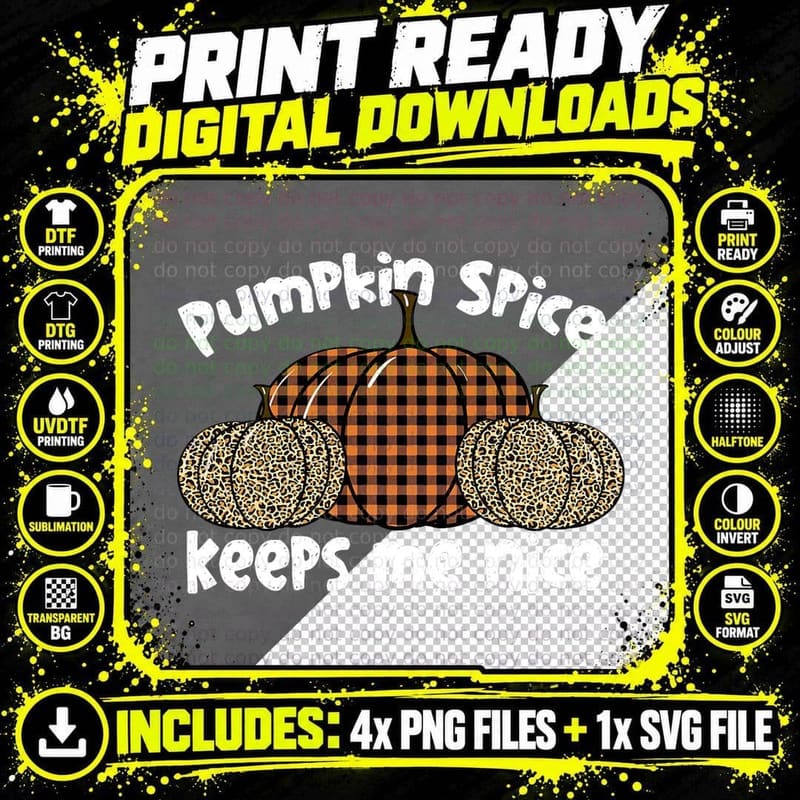 Pumpkin Spice Keeps Me Nice Autumn Fall Plaid Leopard Png SVG Digital Bundle