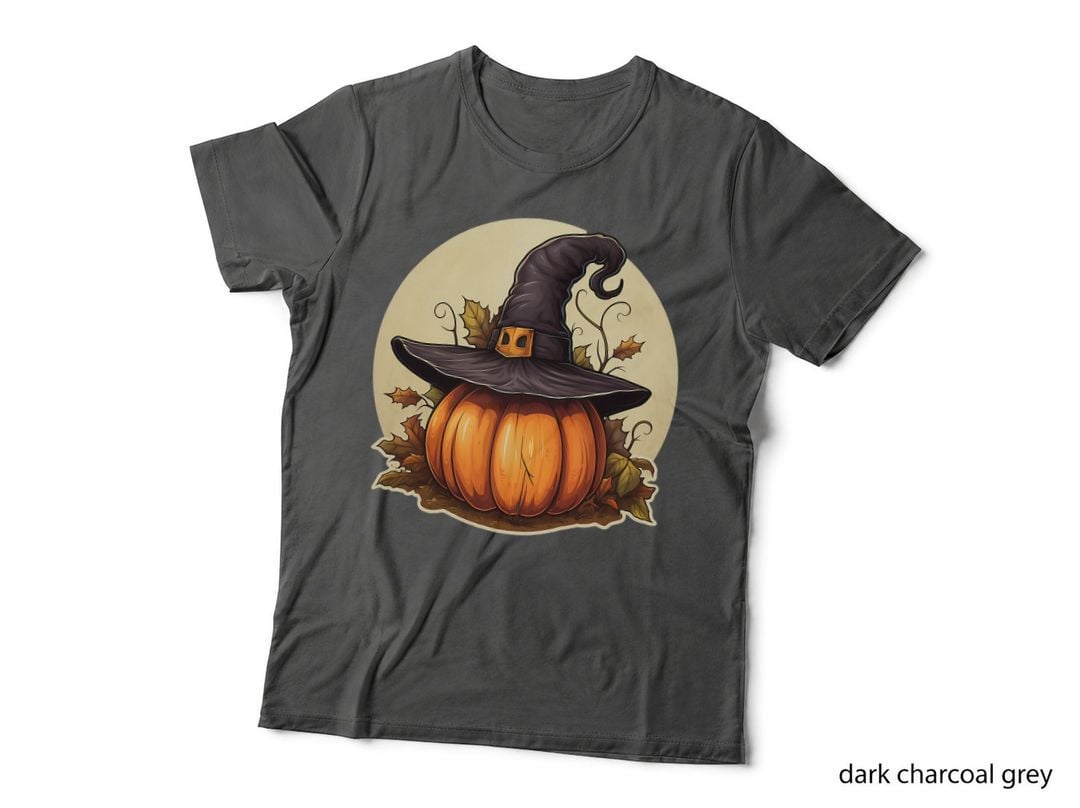 Pumpkin Wearing Witch Hat, Halloween Theme, Fall Leaves T-Shirt