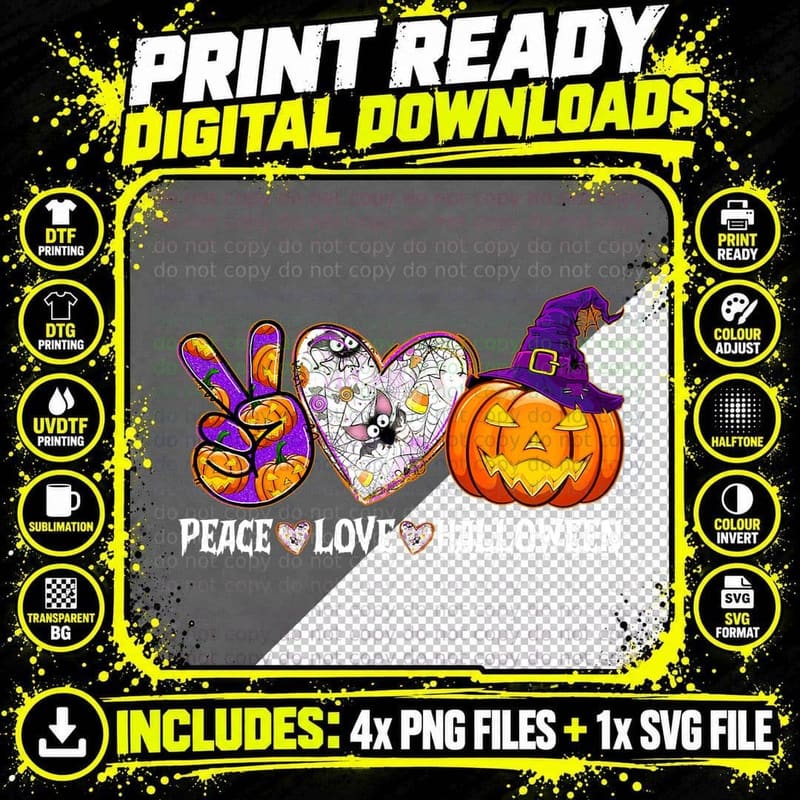 Pumpkin Witch Hat Trick or Treat Peace Love Halloween Png SVG Digital Bundle