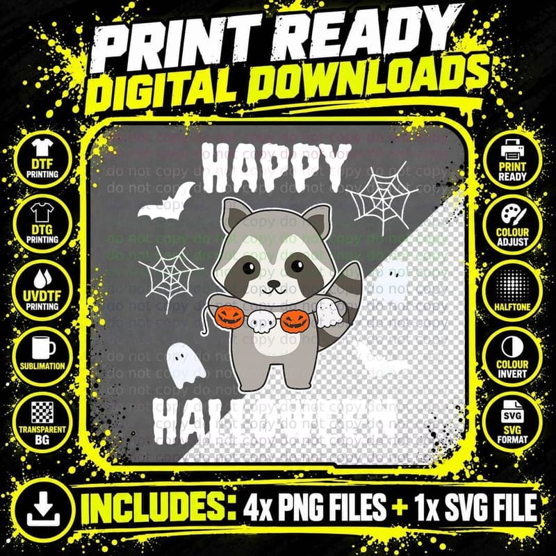 Raccoon Happy Halloween Pumpkin Raccoon Halloween T-Shirt Png SVG Digital Bundle