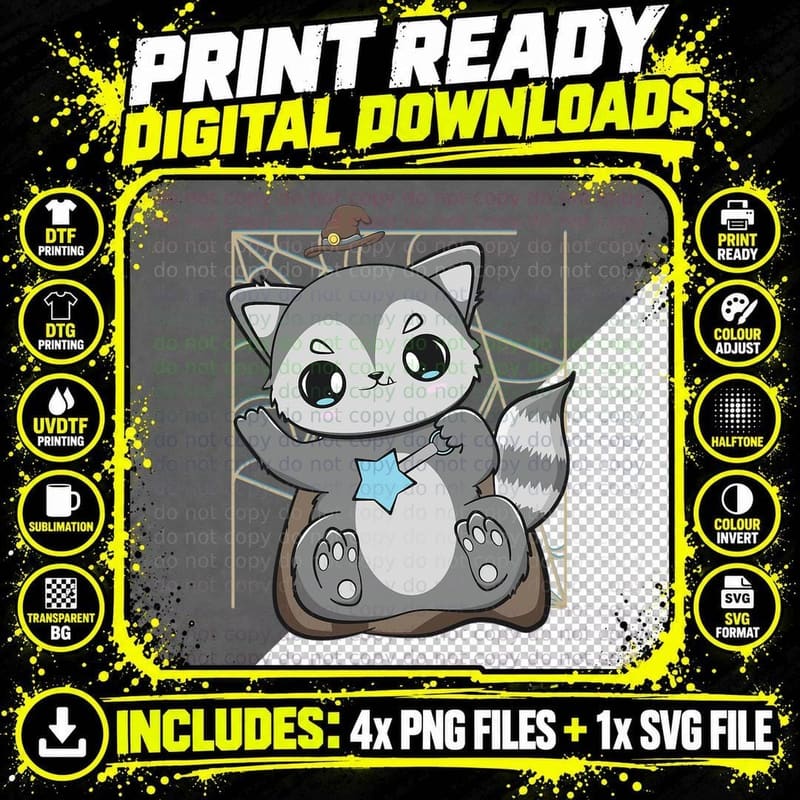 Racoon and Witch for Cute Horror Halloween T-Shirt Png SVG Digital Bundle