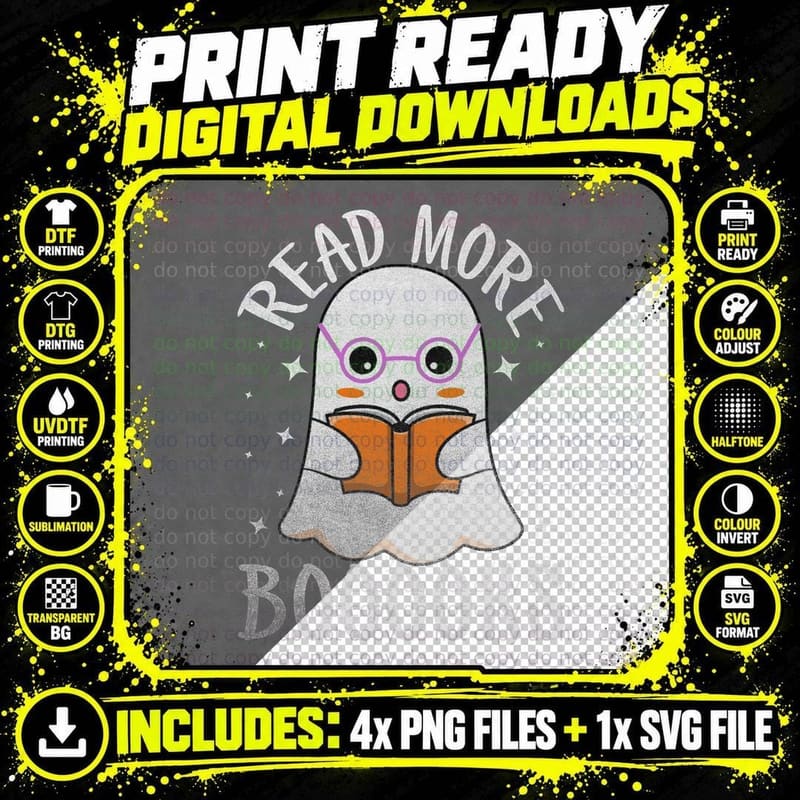 Read More Books Halloween Shirt Funny Ghost Reading Png SVG Digital Bundle