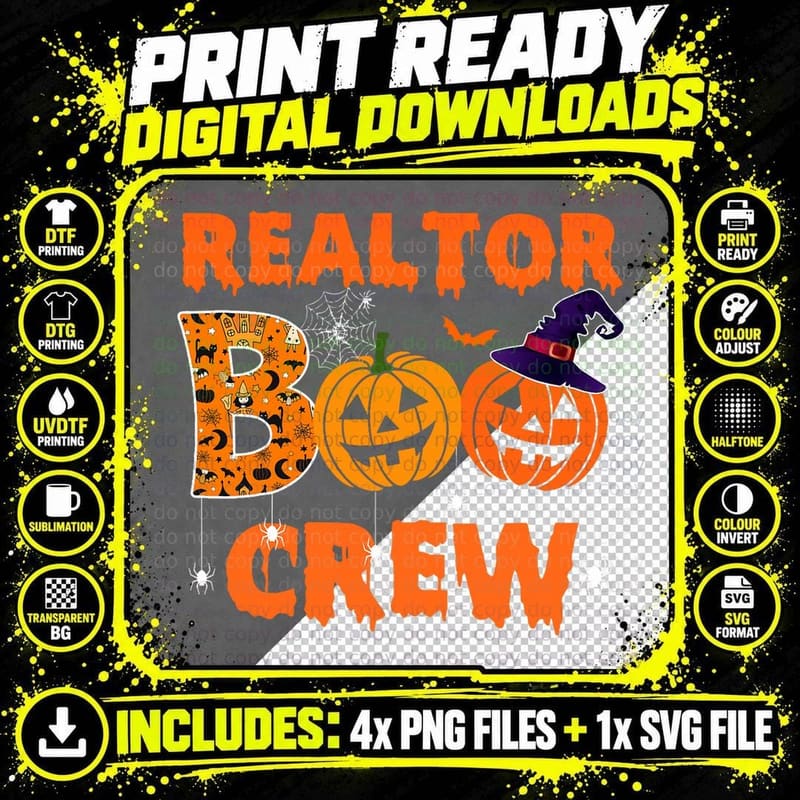 Realtor Crew Boo Funny Halloween Pumpkin Spider Bats Png SVG Digital Bundle