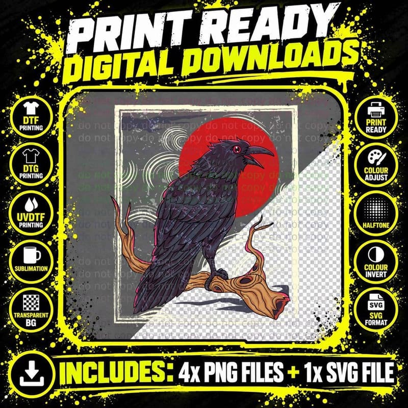 Red Moon Raven Graphic Black Crow Occult Aesthetic Witch Png SVG Digital Bundle