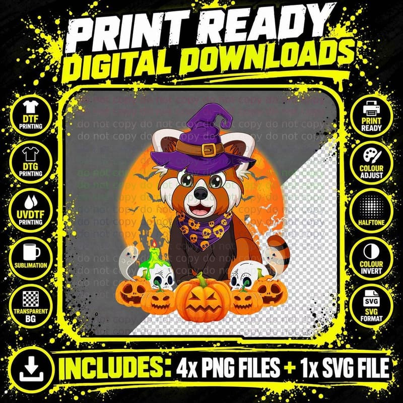Red Panda Lover Pumpkin Skull Witch Red Panda Halloween Png SVG Digital Bundle