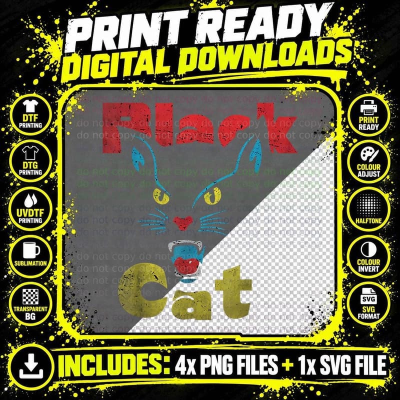 Retro Black Cat, Retro Fireworks Vintage Halloween 70s Png SVG Digital Bundle