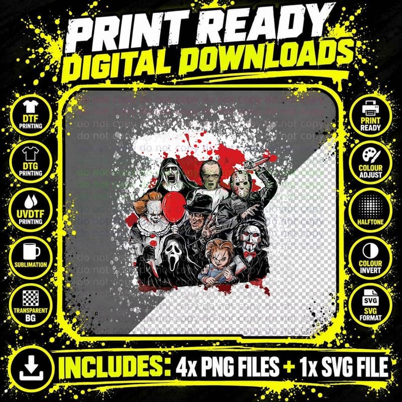 Retro Bleached Blood Halloween Legends of Horror Killers Png SVG Digital Bundle