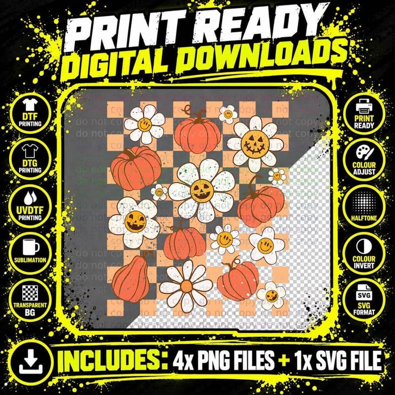 Retro Fall Halloween Checkered Floral Pumpkin Spooky Png SVG Digital Bundle