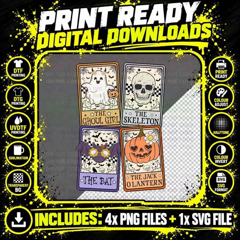 Retro Groovy Ghost Skeleton Tarot Card Halloween Costume Png SVG Digital Bundle