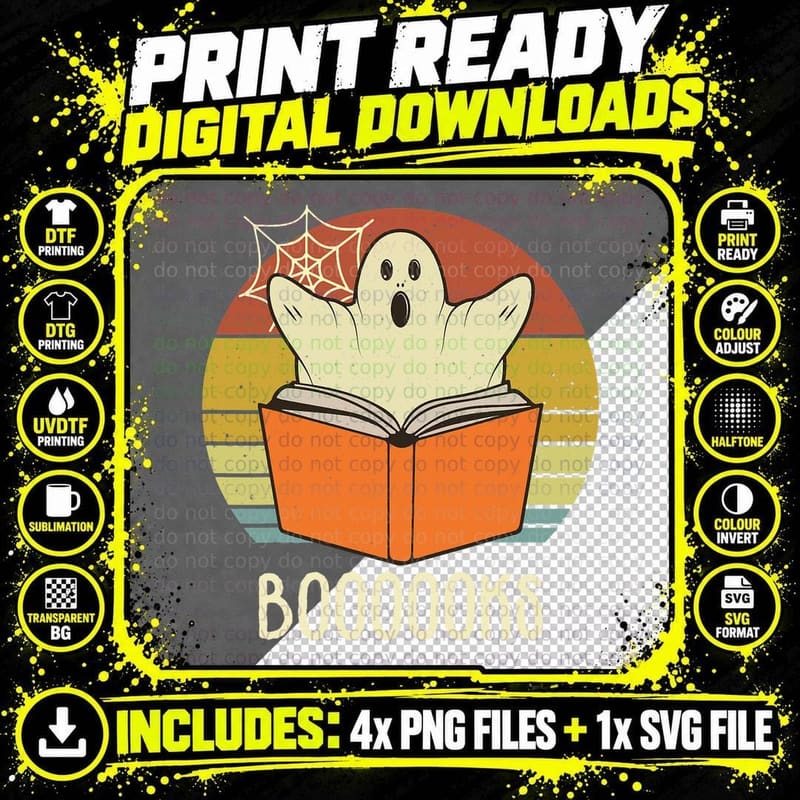 Retro Halloween Booooks Cute Ghost Reading Books Teacher Png SVG Digital Bundle
