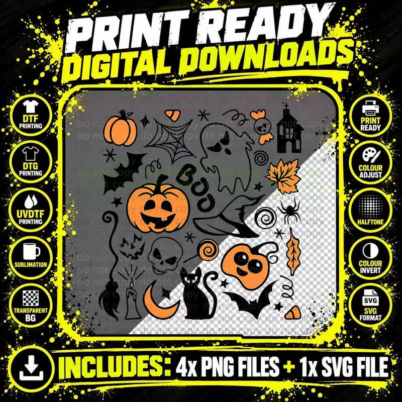 Retro Halloween Spooky Vibes Boo Pumpkin Black Cat Png SVG Digital Bundle