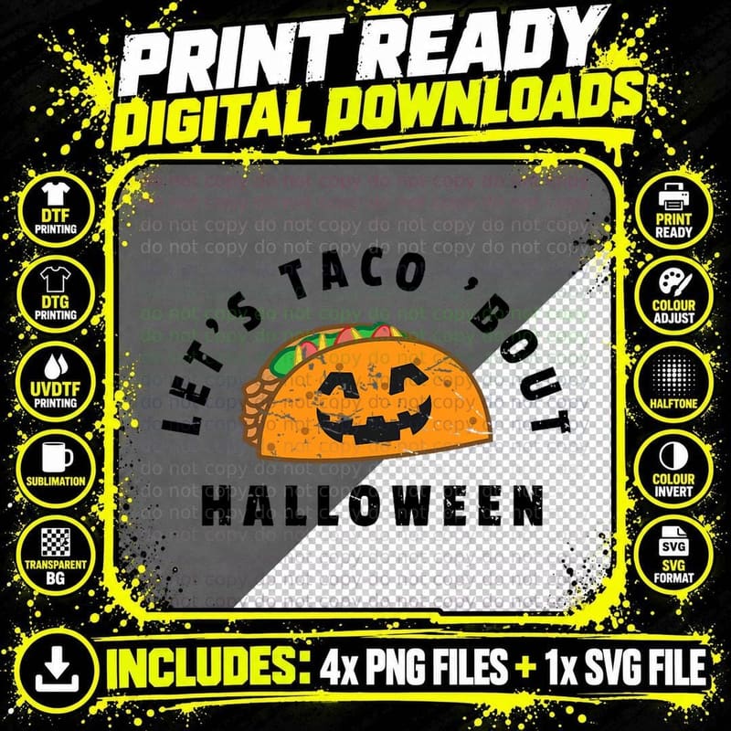Retro Halloween Taco Lover Pun Let' Taco Bout Halloween Png SVG Digital Bundle